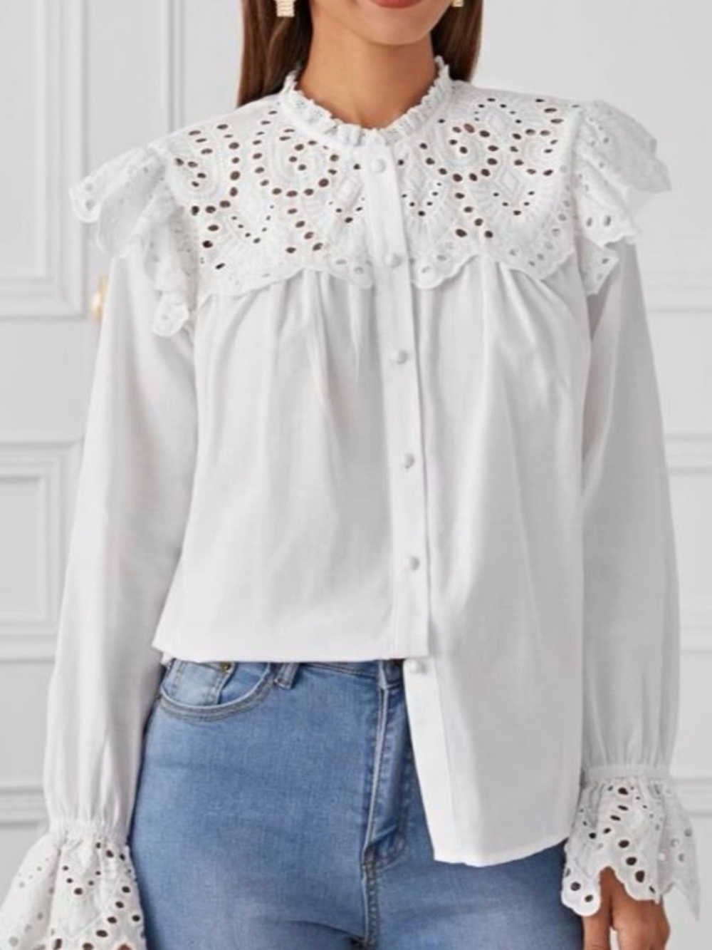 White Eyelet Lace Bib Button-Up Blouse